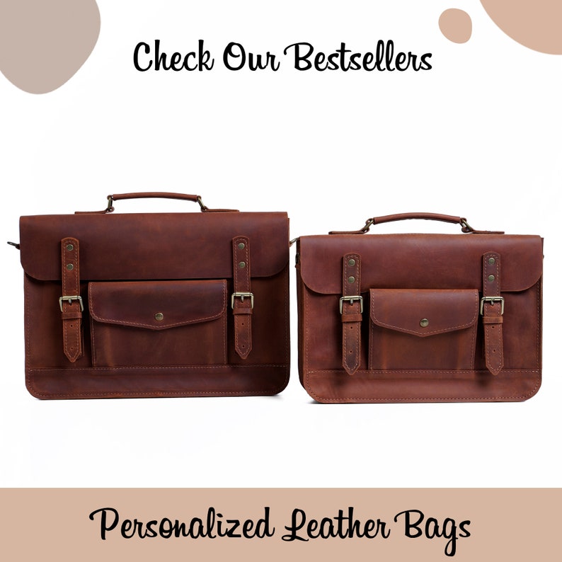 May include: Two brown leather bags with buckles and a front pocket. The text "Check Our Bestsellers" and "Personalized Leather Bags" is visible above and below the bags.