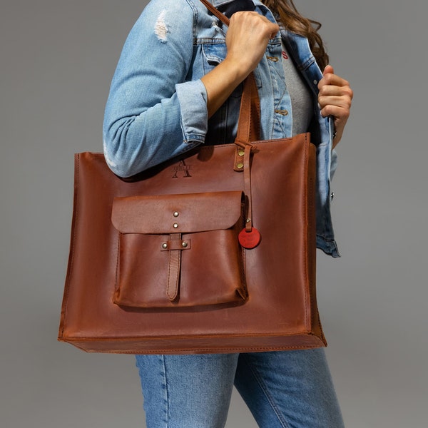 Leather bag for laptop, leather tote bag, long handles tote bag, shoulder bag, leather shoulder bag, large tote bag, work tote bag