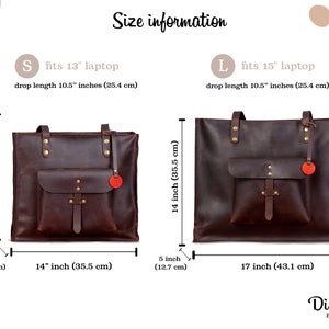 May include: Two brown leather tote bags with size information. The smaller bag is 12 inches (30.4 cm) tall and 14 inches (35.5 cm) wide, designed for a 13-inch laptop. The larger bag is 14 inches (35.5 cm) tall and 17 inches (43.1 cm) wide, for a 15-inch laptop.