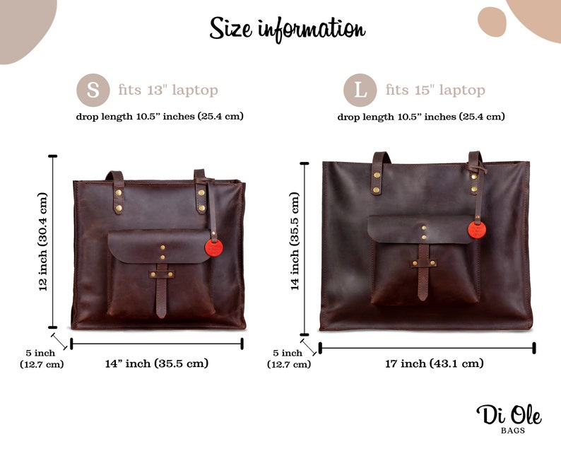 May include: Two brown leather tote bags with size information. The smaller bag is 12 inches (30.4 cm) tall and 14 inches (35.5 cm) wide, designed for a 13-inch laptop. The larger bag is 14 inches (35.5 cm) tall and 17 inches (43.1 cm) wide, for a 15-inch laptop.