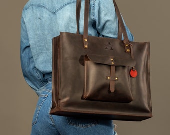 Tote bag with pocket, large tote bag, zipper tote bag, brown tote bag, pocket large bag, women bag, personalise tote bag, leather tote bag