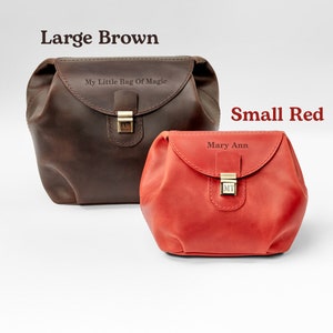Two leather womens cosmetic bags. One large brown. The second one is red and smaller. On front side cosmetic bag engraved personalization - name or message. Cosmetic bag for women with monogrammed. Best gift for her.