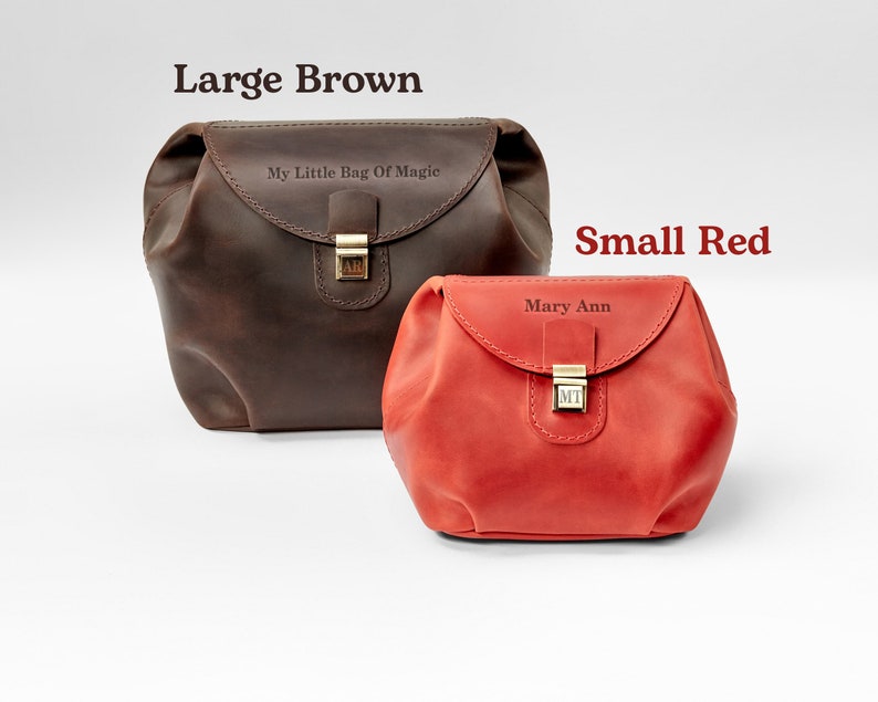 Two leather womens cosmetic bags. One large brown. The second one is red and smaller. On front side cosmetic bag engraved personalization - name or message. Cosmetic bag for women with monogrammed. Best gift for her.