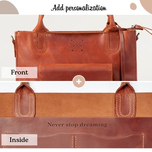 May include: A brown leather tote bag with a front pocket and a zipper closure. The bag has a personalized inscription that reads "A x M". The inside of the bag is lined with a brown fabric and has a pocket. The text "Never stop dreaming" is printed on the inside of the bag.