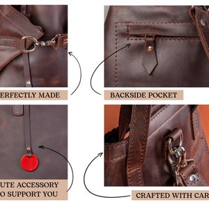 May include: Close-up details of a brown leather tote bag. The bag features a zippered pocket on the back, a metal clasp on the strap, and a red leather charm. The text "Crafted with Care" is visible on the bottom right.