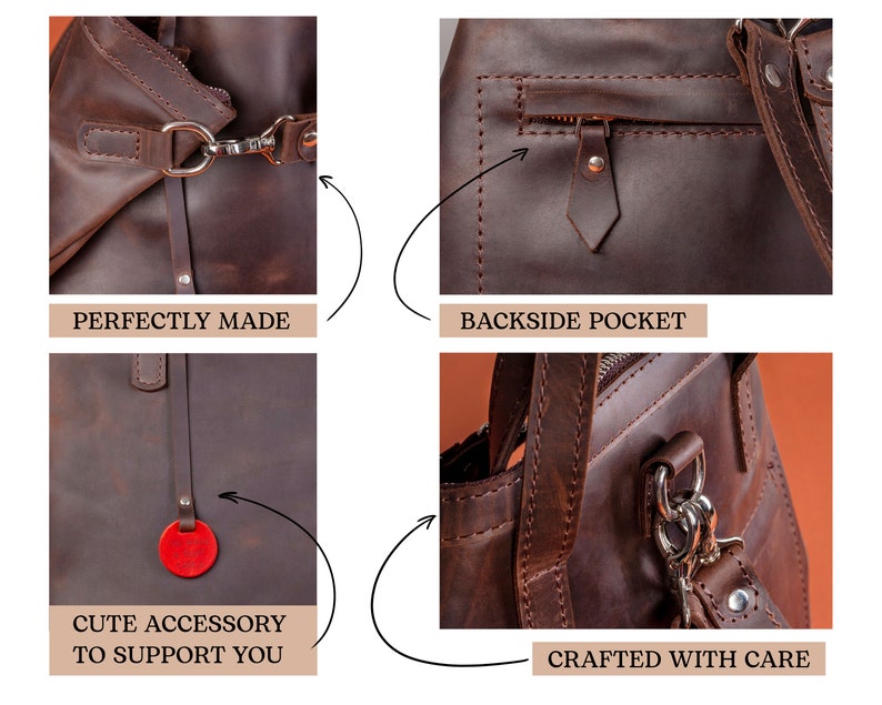 May include: Close-up details of a brown leather tote bag. The bag features a zippered pocket on the back, a metal clasp on the strap, and a red leather charm. The text "Crafted with Care" is visible on the bottom right.