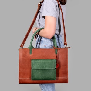 Maletín de cuero para mujer, bolso mensajero de cuero para mujer, bolso crossbody de cuero, bolso maletín de dos tonos para computadora portátil 13 / 15, regalo para ella