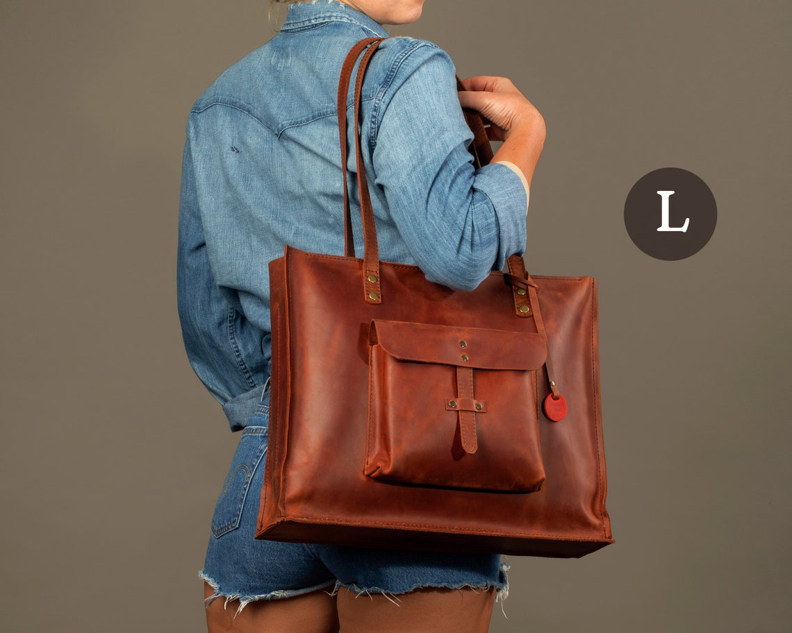 Ladies Leather Laptop Bag Large Tote Bag With Outside Pocket Etsy