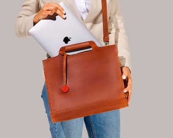 Leather Tote Bag with Pocket, Modern Day Briefcase for Woman, Real Leather Messenger Bag, Crossbody Laptop Bag, Gift for Her, Christmas Gift