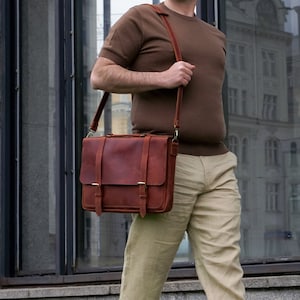 Leather Briefcase, Laptop Bag Portfolio, Men Leather Shoulder Bag with Personalization, Leather Anniversary Gift for Husband, Gift for Him