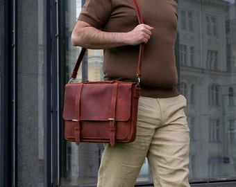 Leather Briefcase, Laptop Bag Portfolio, Men Leather Shoulder Bag with Personalization, Leather Anniversary Gift for Husband, Gift for Him