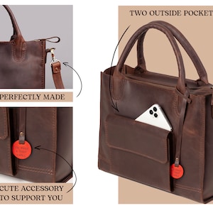 May include: A brown leather tote bag with two outside pockets, a zipper closure, and a detachable shoulder strap. The bag has a small red leather tag with the text "You made a right choice".