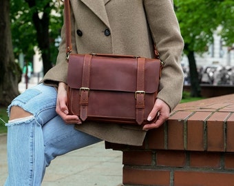 Classic Elegant Briefcase Leather Bag, Timeless Style Bag for Women, Women Laptop Satchel, Crossbody Messenger Bag, Personalized Briefcase