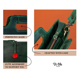 Puede incluir: Un bolso de mano de cuero verde con cierre de cremallera y una correa peque&ntilde;a. El bolso est&aacute; hecho con cuidado y tiene un accesorio lindo para sostenerlo. El texto "Di Ole Bags" es visible en la parte inferior de la imagen.