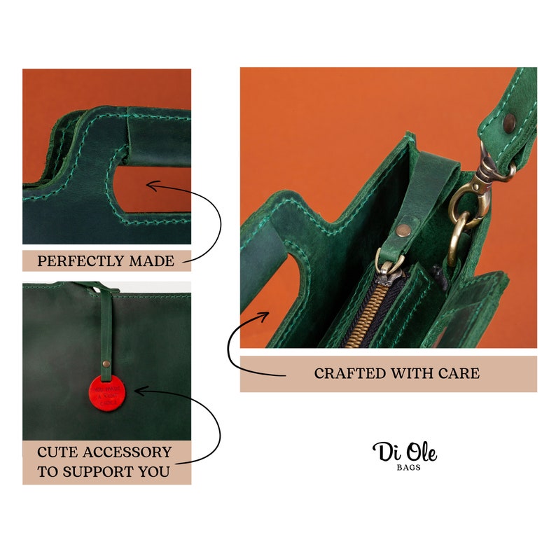 Puede incluir: Un bolso de mano de cuero verde con cierre de cremallera y una correa peque&ntilde;a. El bolso est&aacute; hecho con cuidado y tiene un accesorio lindo para sostenerlo. El texto "Di Ole Bags" es visible en la parte inferior de la imagen.