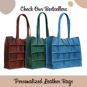 May include: Three leather tote bags in brown, green, and blue. The bags have a unique quilted design and are made of high-quality leather. Check Our Bestsellers. Personalized Leather Bags.