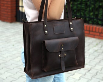 Personalized Leather Tote Bag Carol S size in Brown with PATCH and trolley sleeve