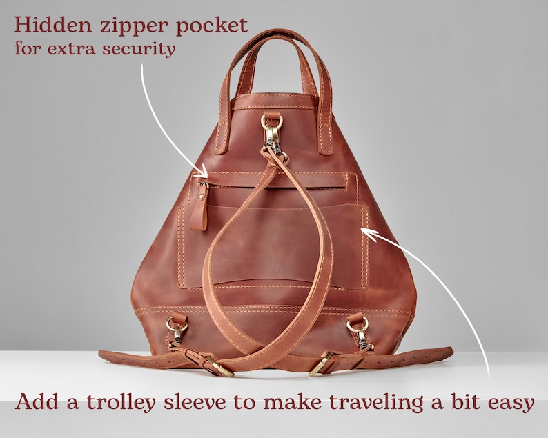 May include: A brown leather backpack with a hidden zipper pocket for extra security. The backpack has a trolley sleeve to make traveling easier.