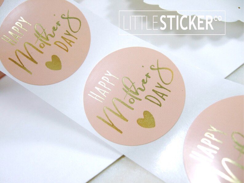 Happy Mother's day stickers Rose Pink Round stickers Gold Foil printed stickers 40mm x25-200 image 4