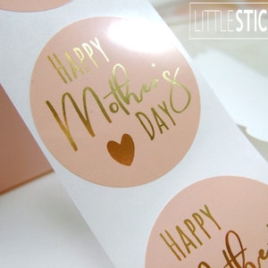 Happy Mother's day stickers Rose Pink Round stickers Gold Foil printed stickers 40mm x25-200 image 7