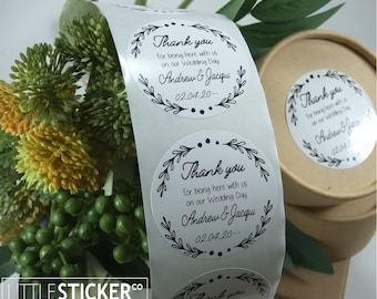 Personalised Wedding stickers White Round gloss stickers with black leaf border. Thank you Wedding labels add your names & date 50mm x25-300