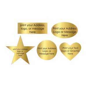 Pegatinas doradas impresas personalizadas x25-300 Etiquetas de lámina dorada metalizada Impresión personalizada. Estrellas, corazones, círculos y rectángulos dorados. Resistente al agua