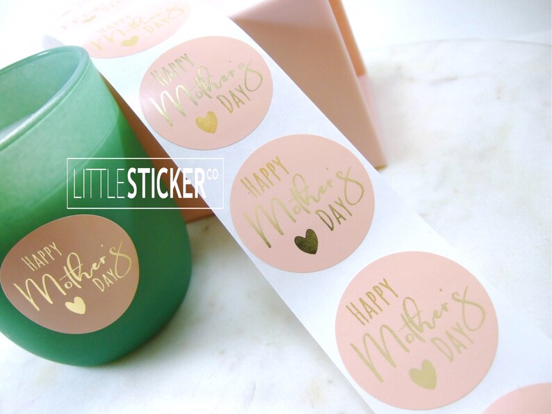 Happy Mother's day stickers Rose Pink Round stickers Gold Foil printed stickers 40mm x25-200 image 5