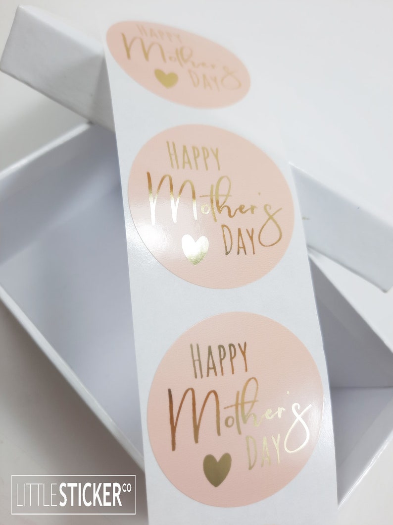 Happy Mother's day stickers Rose Pink Round stickers Gold Foil printed stickers 40mm x25-200 image 2