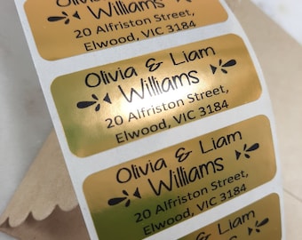 Gold Address Stickers 50x20mm. Personalised names & address x 25-300 gold return address labels