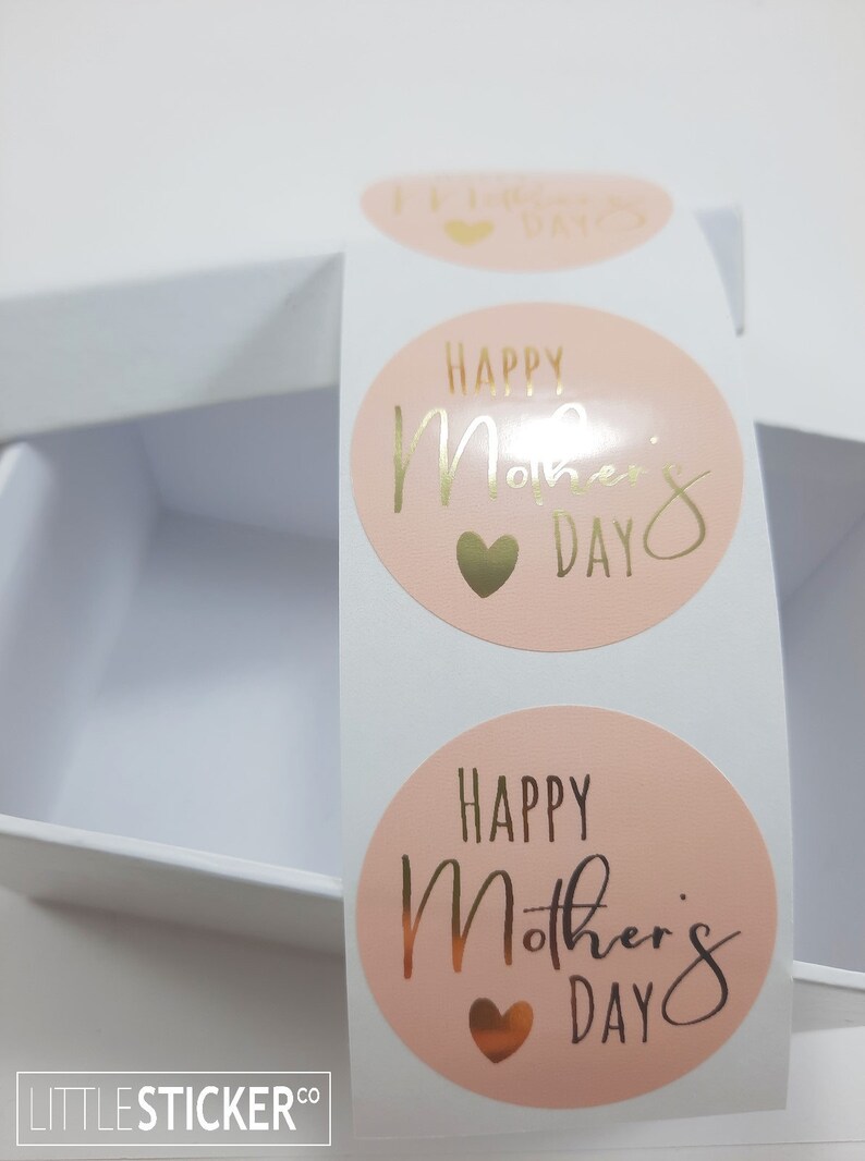 Happy Mother's day stickers Rose Pink Round stickers Gold Foil printed stickers 40mm x25-200 image 6