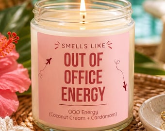 Candela energetica "Fuori ufficio", candela divertente per le vacanze, profumo di cocco e cardamomo, candela tropicale, regalo da viaggio, candela per la cura di sé, regalo per i colleghi