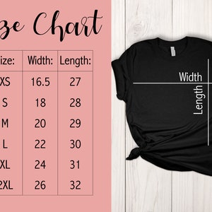 May include: Size chart for a t-shirt with measurements in inches for width and length. Sizes include XS, S, M, L, XL, and 2XL.