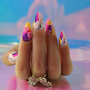 Colorful Tropical Vibes Press-On Nails | 3D Floral & Rhinestone Nail Set | Summer Vacation Nails | Handmade Bright Acrylic Tips