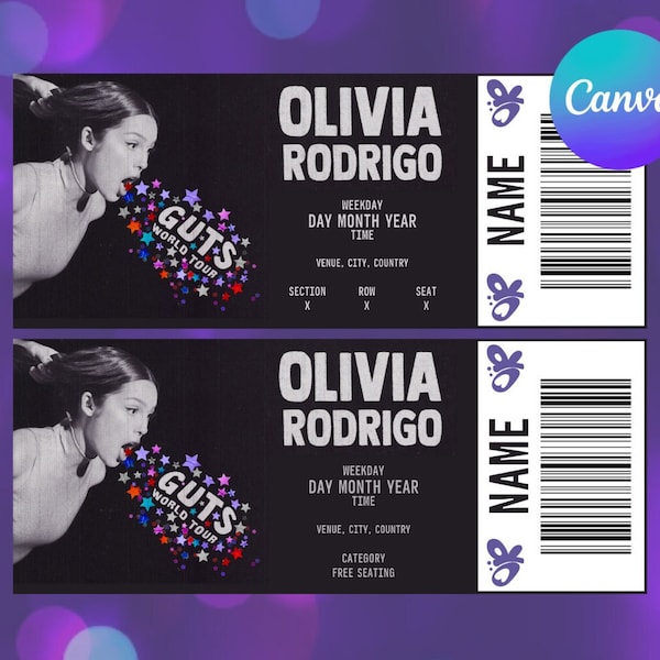 Olivia Rodrigo bewerkbare concertticket Canva-sjabloon | Aanpasbaar afdrukbaar concertticket | Digitaal cadeau-idee | Bewerkbare Canva-sjabloon