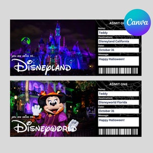 Halloween Disney Parks Ticket, bearbeitbare Canva Vorlage | Personalisierbar | Digitale Geschenkidee | Freizeitpark-Eintritt | Andenken Faux Souvenir |
