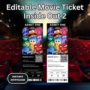 Inside Out 2 Bearbeitbare Movie Ticket Canva Vorlage | Film-Party Einladung | Erinnerungsstücke Überraschungsgeschenk | Überraschungsfilmabend