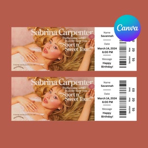 Pop-Sängerin bearbeitbares Konzertticket Canva Vorlage | Anpassbare druckbare Konzertkarte | Short N Sweet Tourkarten Vorlage