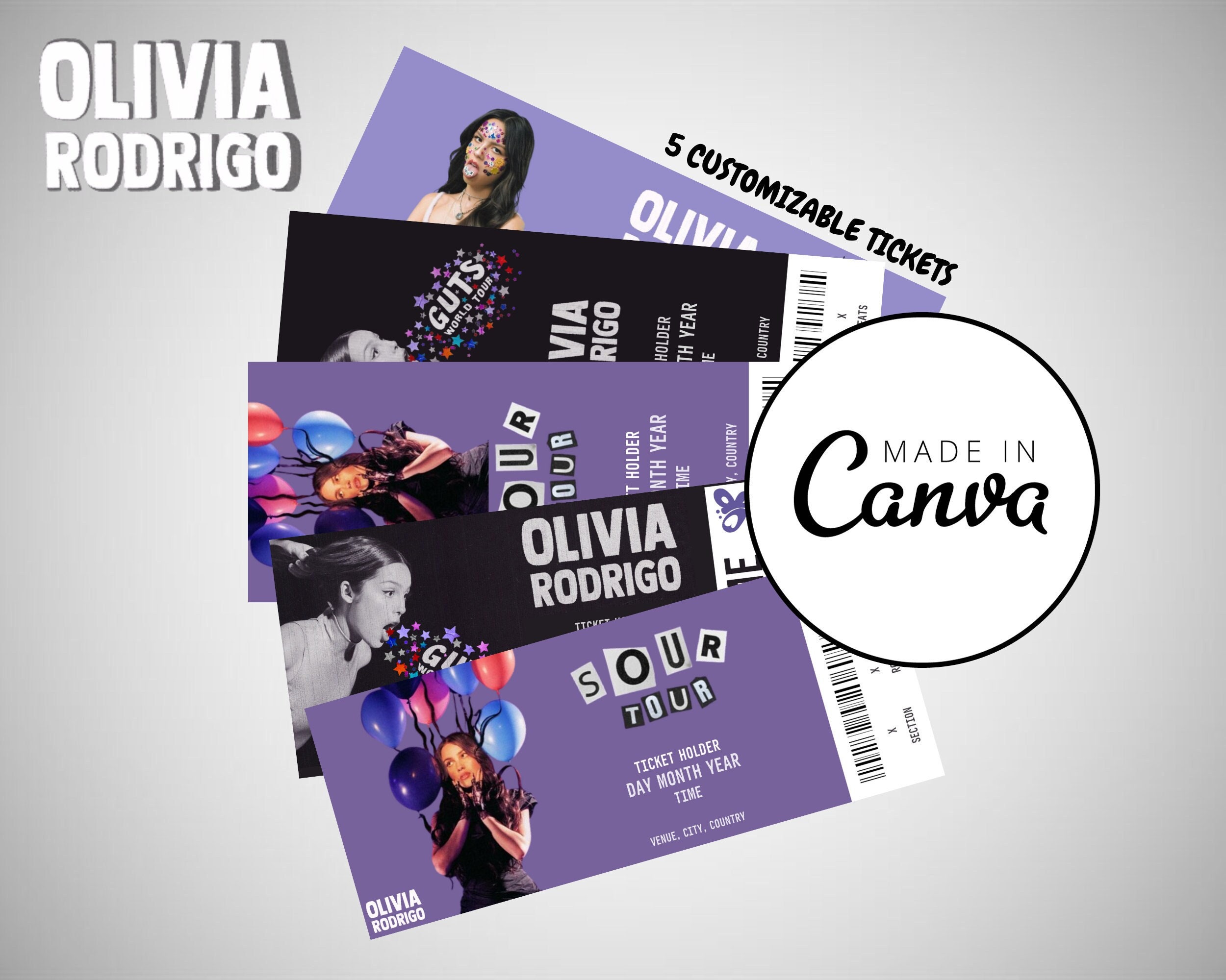 5 Customizable Guts Concert Ticket Templates | Customizable Printable Concert Ticket | Digital Gift Idea | Editable Canva Template