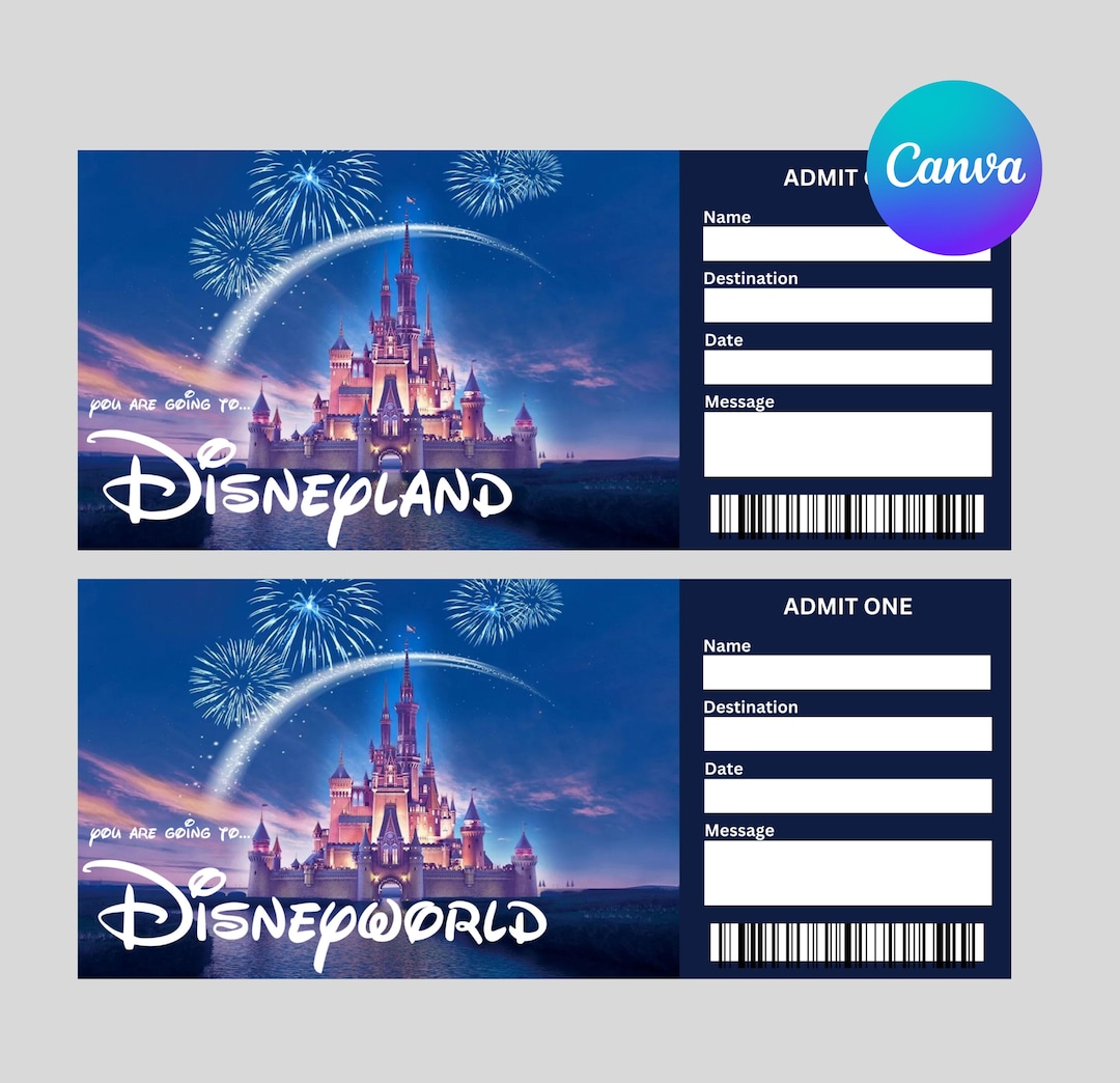 Gutschein Ausdrucken Disneyland Paris Gutschein Vorlage Disneyworld Ticket, Disneyland Ticket, bearbeitbare Canva Vorlage