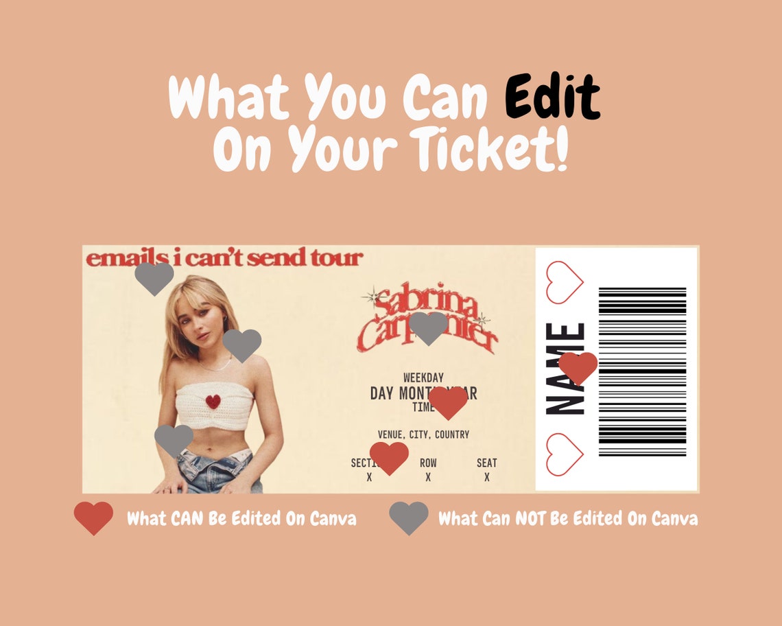 Sabrina Carpenter Editable Concert Ticket Canva Template Customizable
