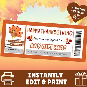 INSTANTLY EDIT Thanksgiving Turkey Coupon Voucher Gift Certificate | Surprise Reveal From Mom & Dad Printable | Last Minute Gift For Them