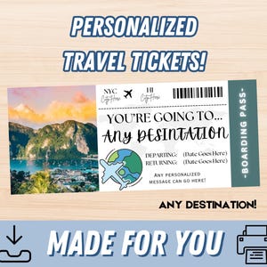 PERSONALISIERT FÜR SIE Travel Ticket | Benutzerdefiniertes Zielticket | Druckbare personalisierte Event-Karte | Individuelles Reisegeschenk, Event Ticket