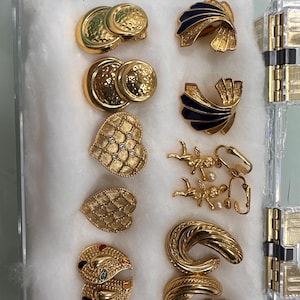 Vintage Gold Tone Clip-On Earrings Set: 1980s Enamel Rhinestone Collection