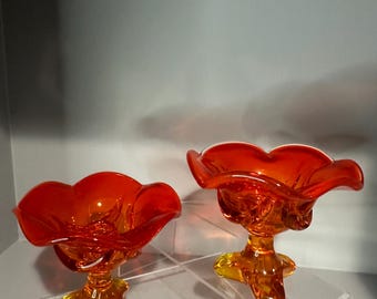 Vintage Viking Glass Amberina “Epic Drape” Candleholders — Mid-Century Modern Persimmon Six-Petal Pair (1960s)
