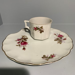 Vintage Moss Rose Snack Plate and Cup