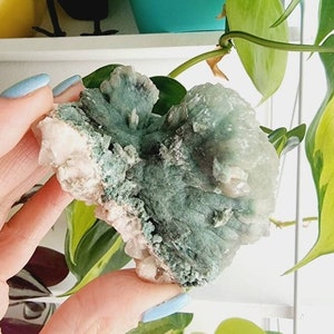 Grappe de cristal de spécimen de Stilbite vert brut, minéral de cristal de zéolite naturelle, cadeau de maison de zéolite de pierre précieuse