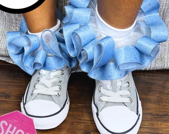 Light Denim Ruffle TuTu Anklets, sockless Anklets, ruffle socks, detachable anklets, Blue ruffle socks, polka dot ruffle socks