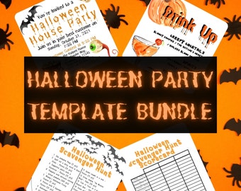May include: A Halloween party template bundle with a printable invitation, cocktail menu, and scavenger hunt game. The invitation features a black bat, a skull, and an eyeball. The cocktail menu features a glass of orange liquid with a red straw. The scavenger hunt game features a list of items to find and a scorecard.