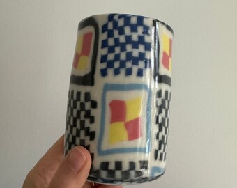 Blue and Black Nerikomi Cup, Checkerboard Geometric