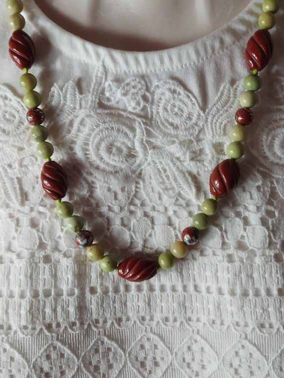 Vintage 1920s Style Carved Red Agate, Chrysoprase… - image 5